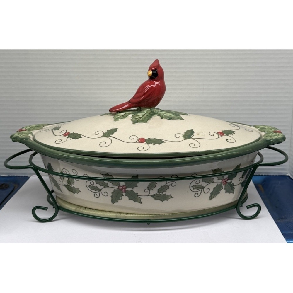 4 PC TEMPTATIONS BY TARA OVENWARE 2 QT CARDINAL CASSEROLE DISH LID TRIVET RACK